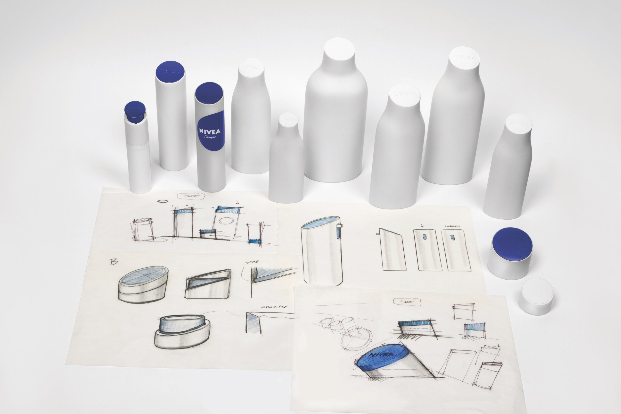 Nivea packaging prototypes with design sketches