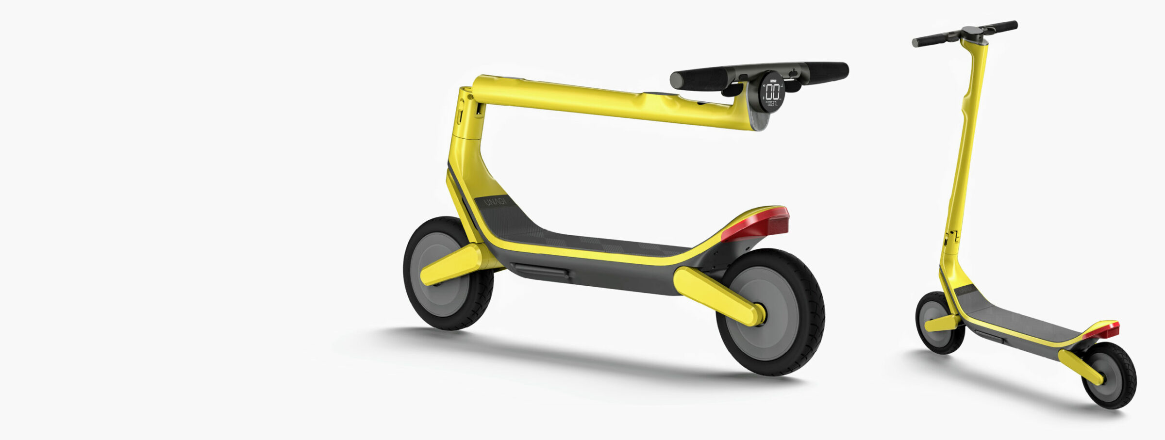 Yellow Unagi electric scooter two views