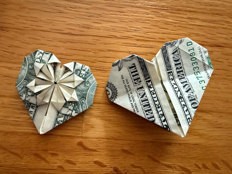 Some of Joe's origami I keep in a bowl in my room. The heart at right is almost one kind he sometimes made that could be reversed and flipped. I don't have one of those anymore.