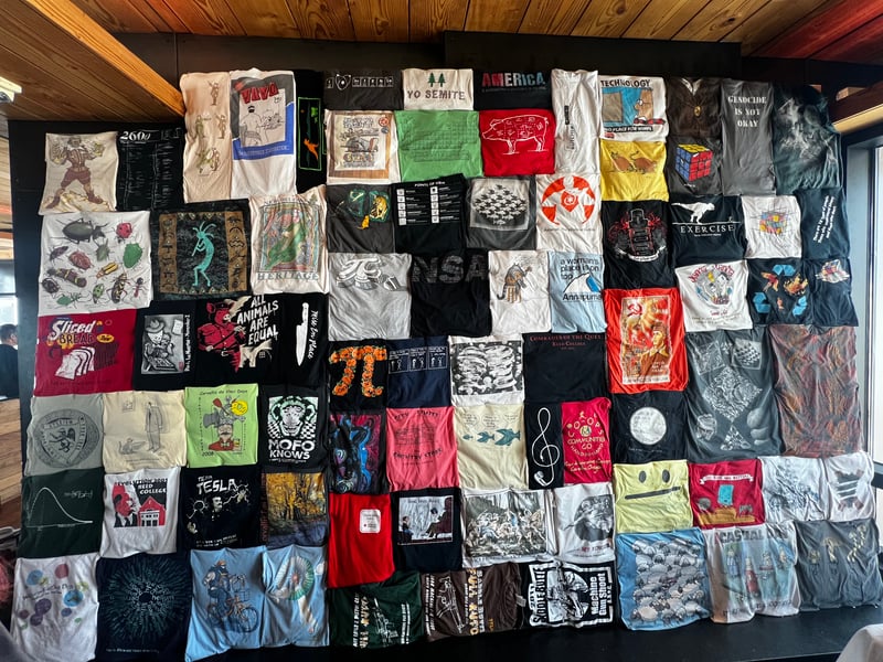 T-shirt wall (a selection from the 69lbs of T-shirts in Joe's collection)