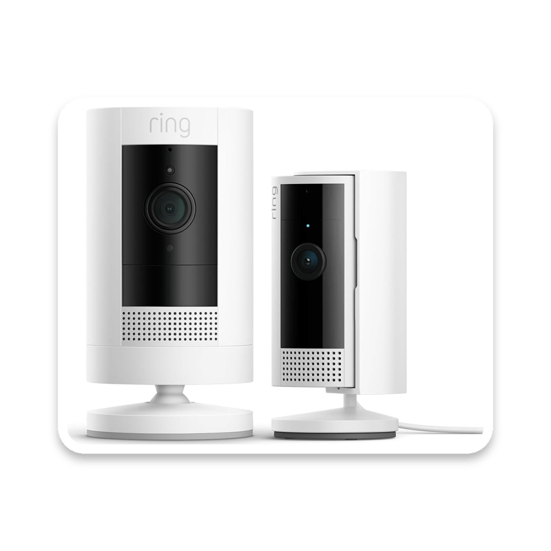 Bundle of Ring battery-powered outdoor stick-up camera and indoor camera for home security