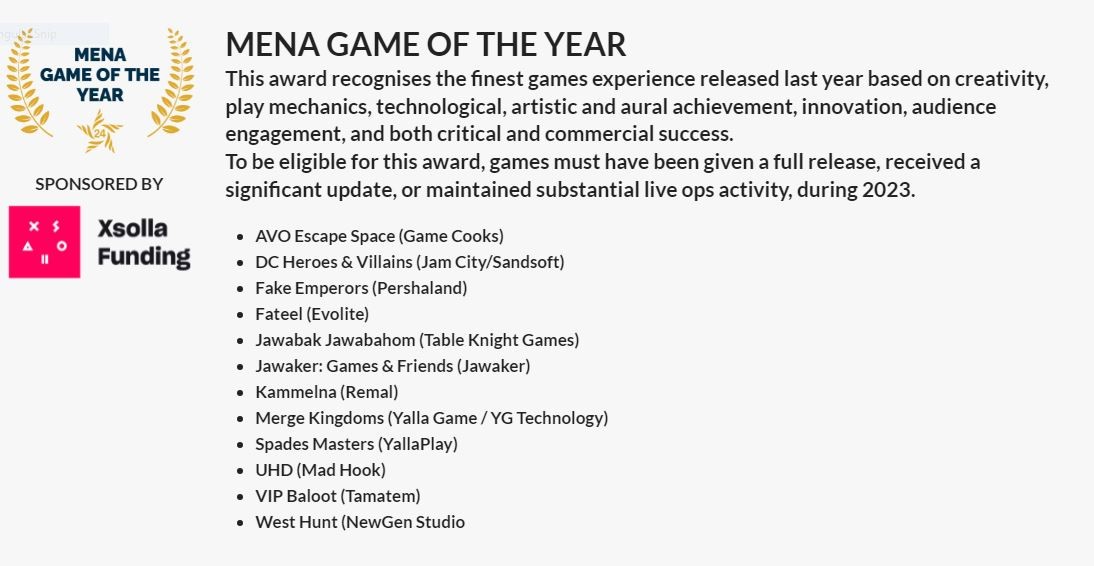 فینالیست‌های بخش‌های مختلف فستیوال MENA Games Industry Awards 2024، 