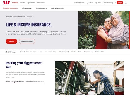 Westpac Insurance homepage