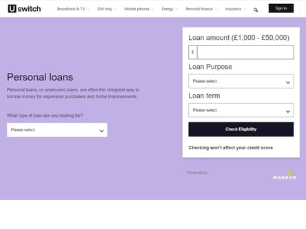 uSwitch Loans homepage