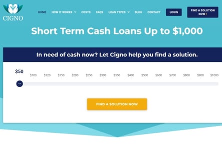 Cigno Loans homepage