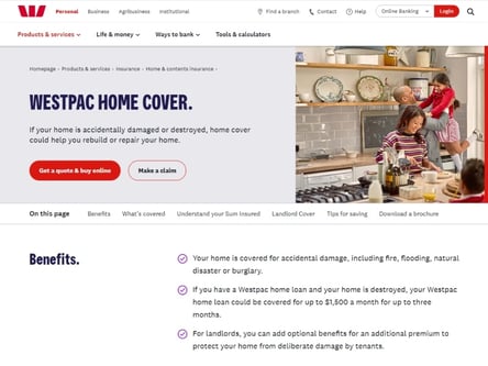 Westpac Insurance homepage