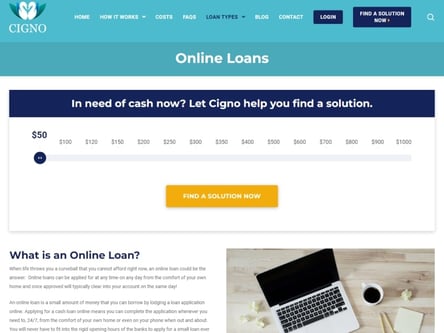 Cigno Loans homepage