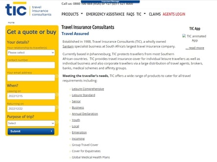 TIC Travel Insurance homepage