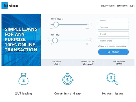 Binixo Loans homepage