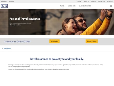 AIG Travel Insurance homepage
