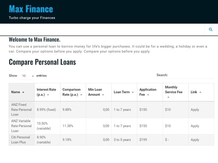 Max Finance homepage