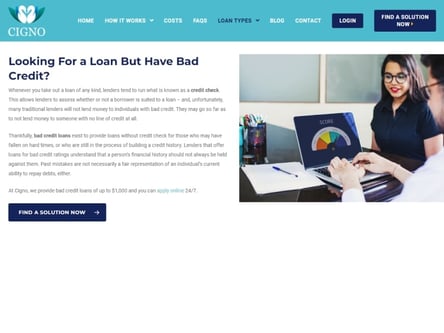 Cigno Loans homepage