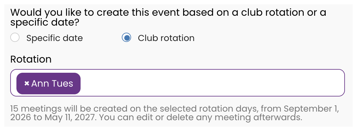 The Create Event form with Club rotation selected and a rotation chosen