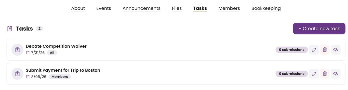 Tasks tab on the club page