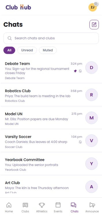 The mobile chat list showing every club a student belongs to, with search and the All, Unread and Muted filters