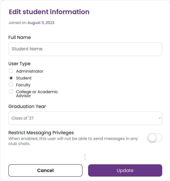 The Edit student information window with the Restrict Messaging Privileges toggle and the Update button
