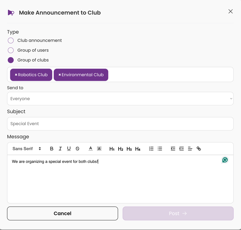 Announce to a group of clubs