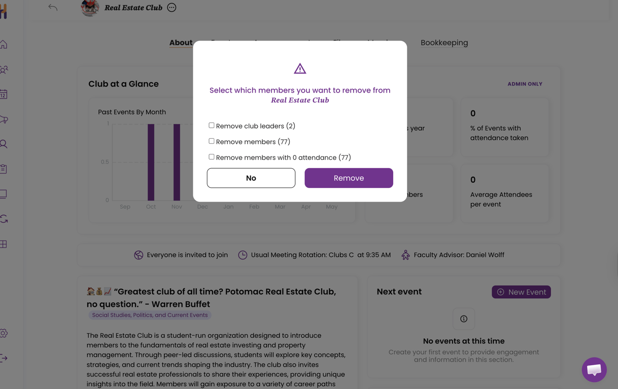 Bulk remove members popup showing three checkbox options