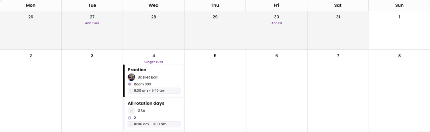 The school calendar showing rotation names under the dates