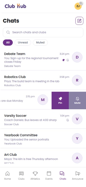 Pin and Mute revealed by swiping a chat row to the left on mobile