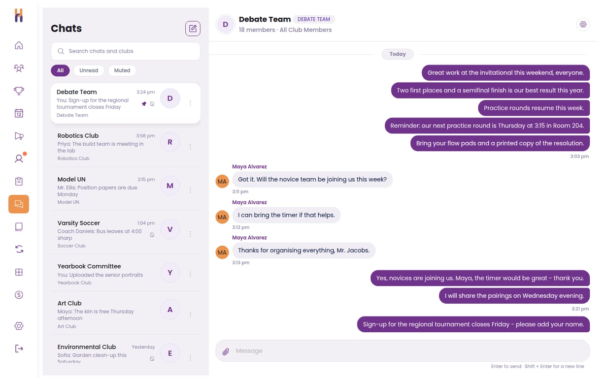 The Chats area on desktop, with the list of club chats on the left and an open club conversation on the right