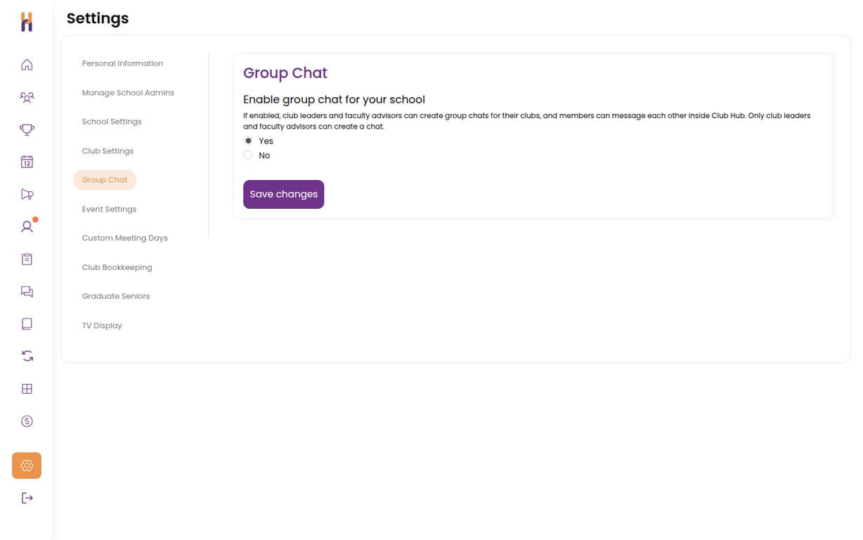 Settings, Group Chat, showing the Enable group chat for your school question set to Yes and the Save changes button