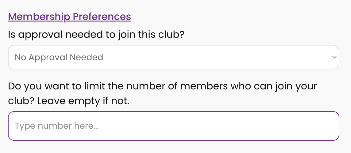 Membership Preferences section with the club member limit field