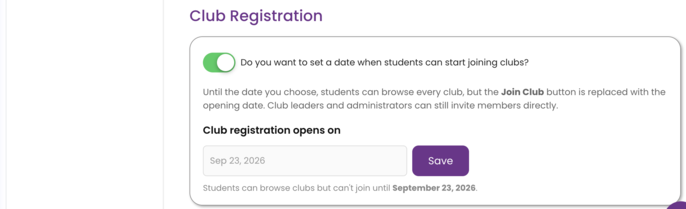 Club Registration section in Club Settings with the toggle on and a date saved