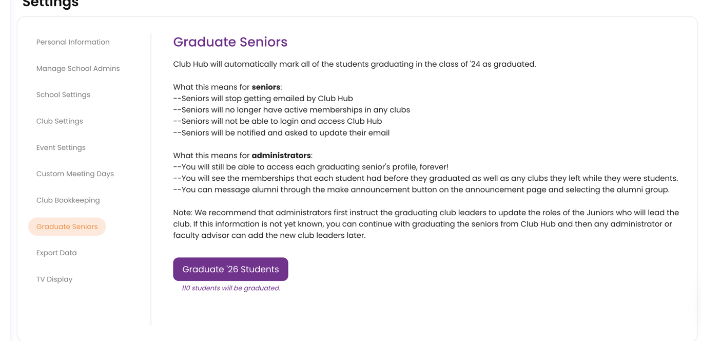 Graduate Seniors settings page