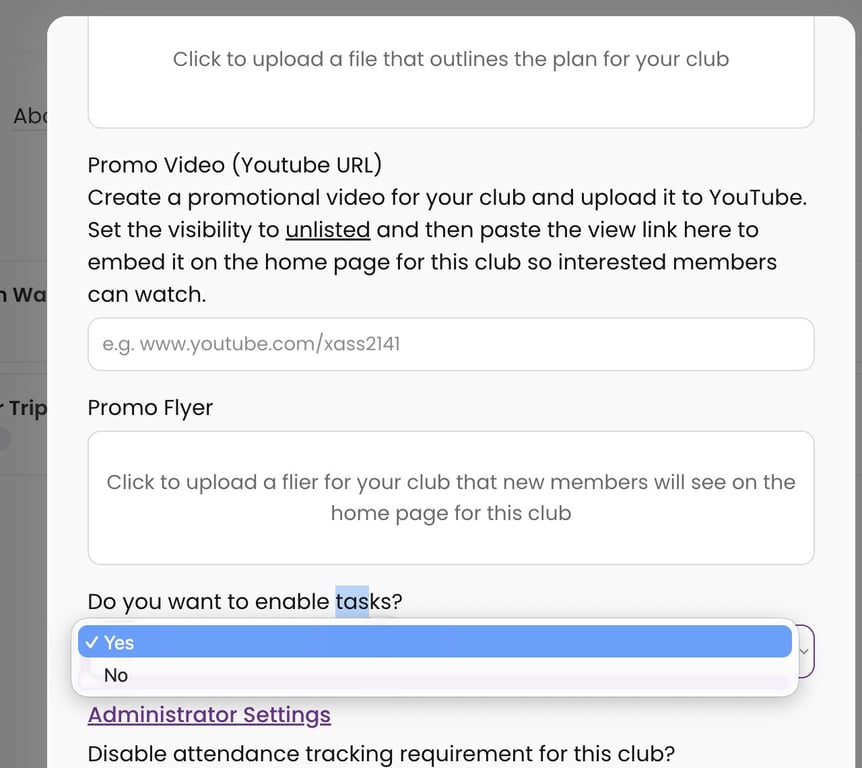 Enable tasks in club settings