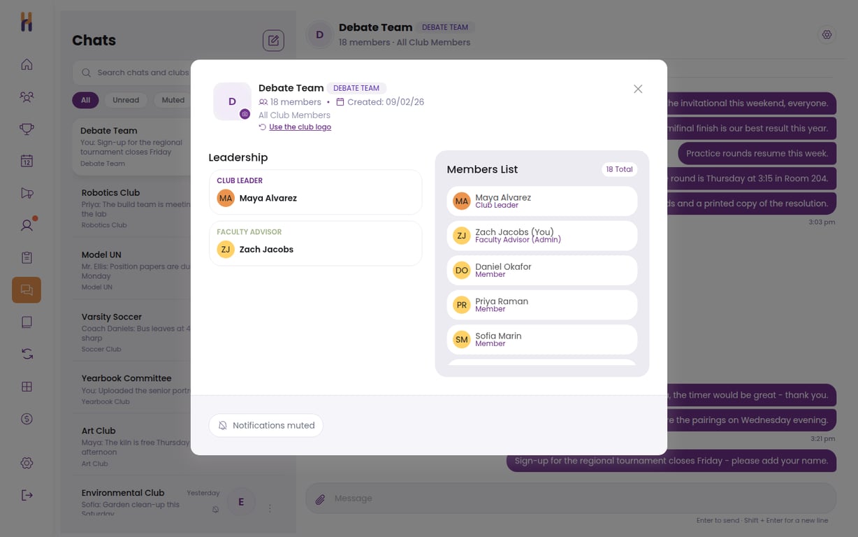 The chat details panel showing the club leader and faculty advisor under Leadership, and the full members list with each person's role