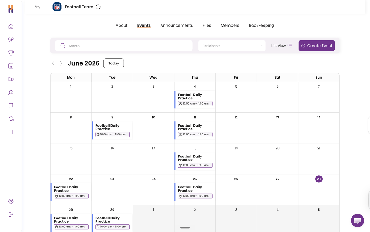 Team events calendar