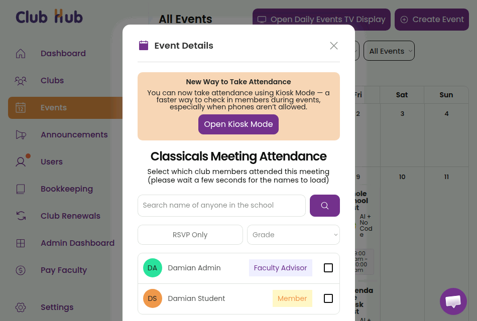 Attendance Popup with Open Kiosk Mode Button