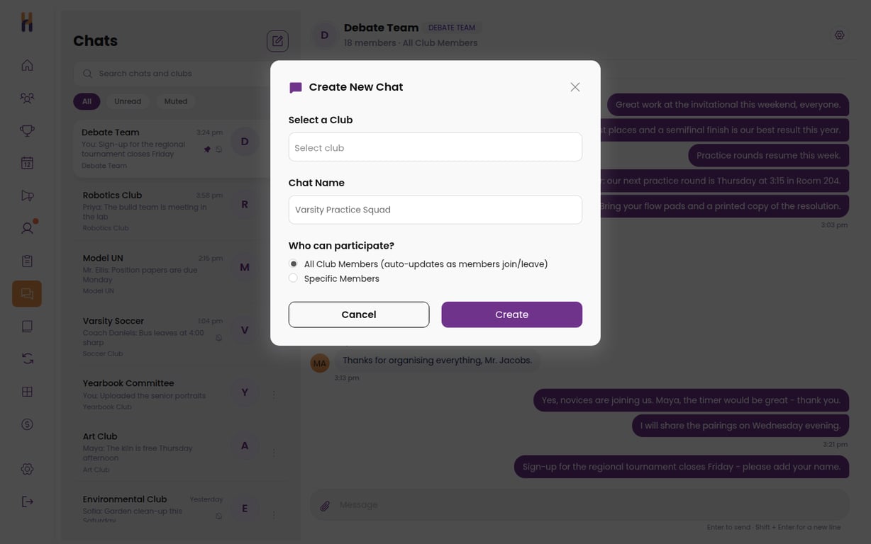 The Create New Chat window showing Select a Club, Chat Name, and the All Club Members and Specific Members options