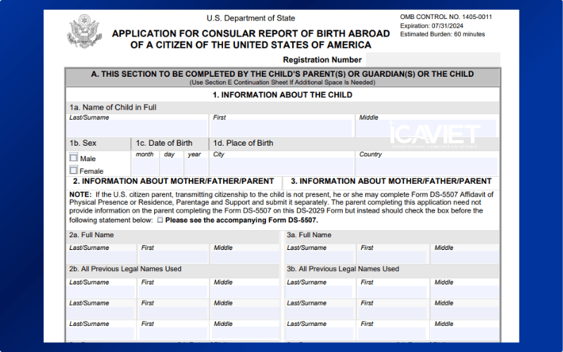 Form DS-2029 dùng để xin Giấy báo sinh lãnh sự