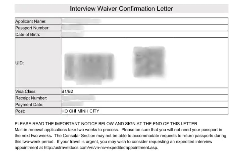 "Thư xác nhận miễn phỏng vấn (Interview Waiver Confirmation Letter)".