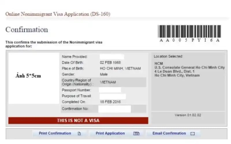 Trang xác nhận DS-160 (có mã vạch)
