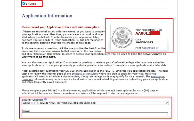Ghi lại Application ID và đặt câu hỏi bảo mật