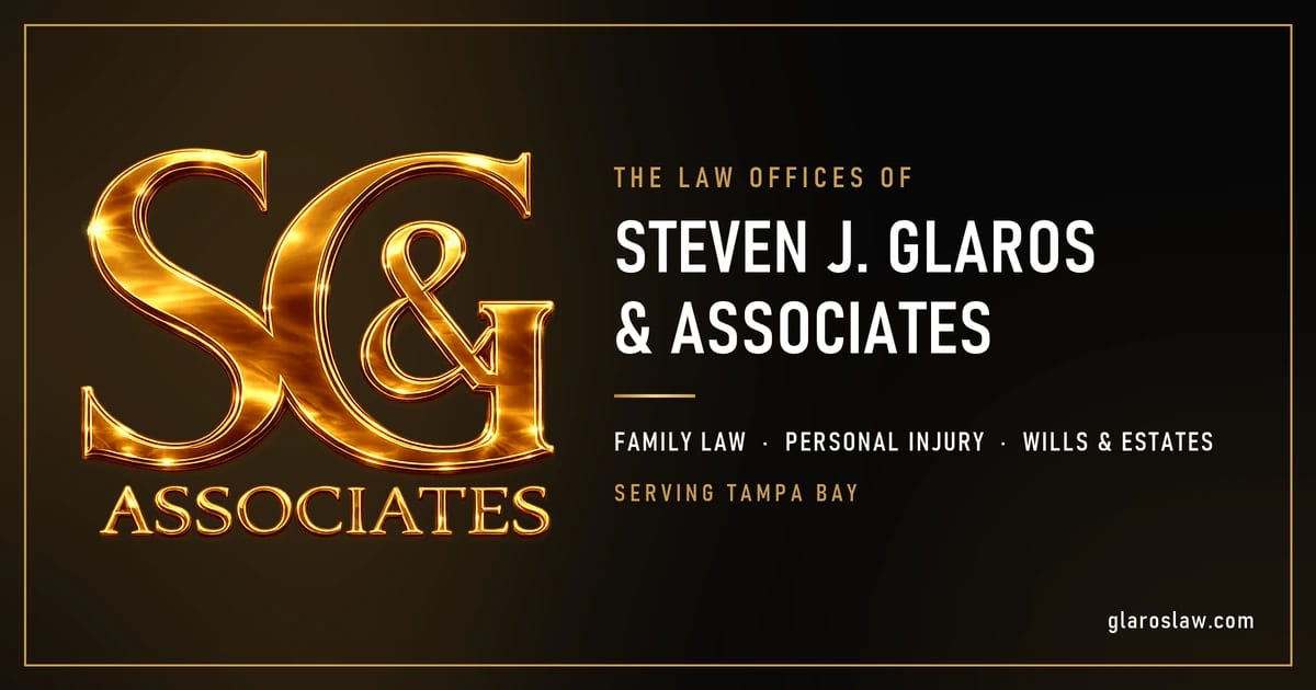 Gold S&G Associates logo beside the name The Law Offices of Steven J. Glaros & Associates, with family law, personal injury, wills and estates, serving Tampa Bay, on a black backgr