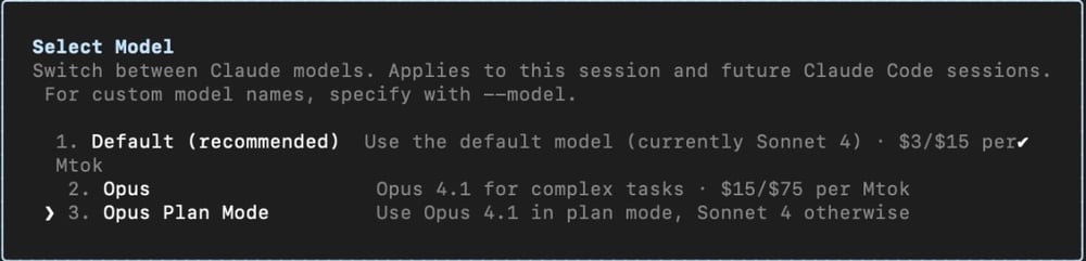 The image shows a command-line interface with a list of different Claude model options, including the default model, Opus, and Opus Plan Mode. Each model has a description and pricing information.