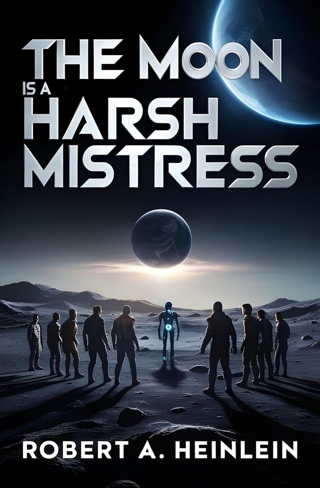 The image depicts a science fiction book cover for the novel 'The Moon is a Harsh Mistress' by Robert A. Heinlein. It shows a group of people standing on a lunar landscape with a large, looming moon in the background.