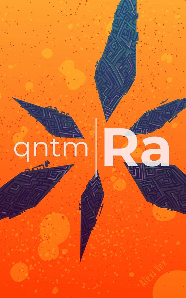 The book cover of Ra by qntm. The cover shows a vibrant orange background filled with abstract geometric patterns in shades of blue, creating a dynamic and visually striking composition.