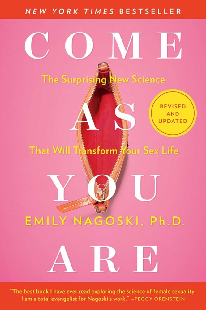 The book cover for 'Come As You Are' by Emily Nagoski, Ph.D. The cover is a bright pink background with the book title and author's name prominently displayed. The image features a red zipper opening to reveal the book's subtitle 'The Surprising New Science That Will Transform Your Sex Life'.