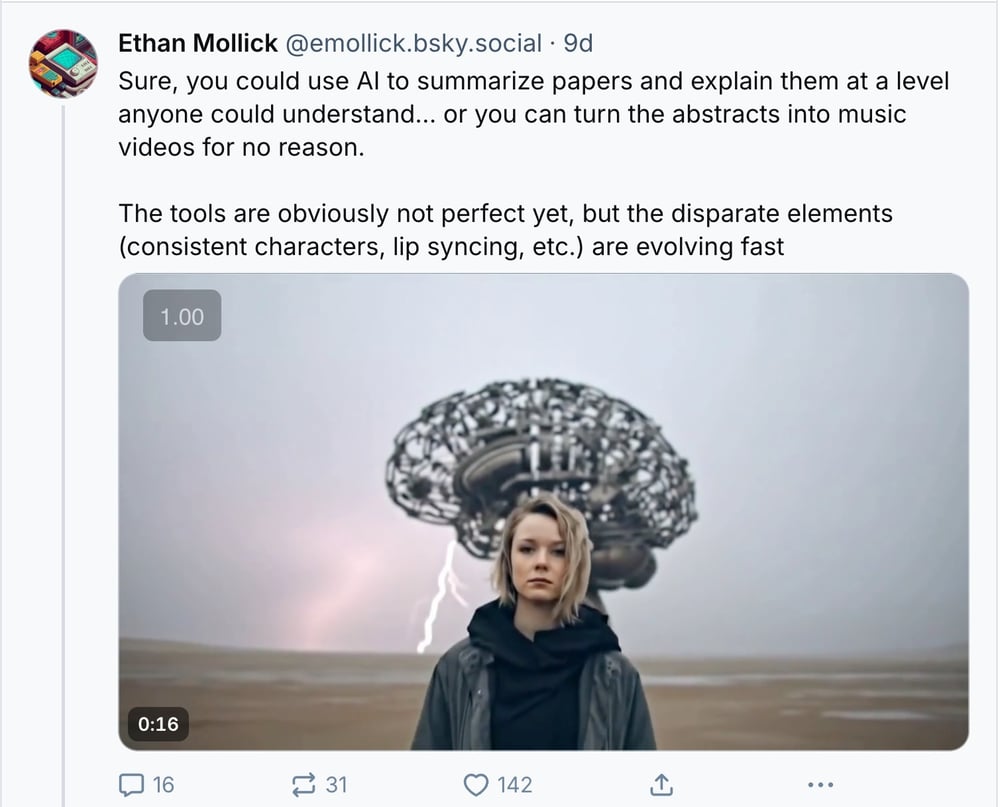 The image shows a tweet with an image of a woman wearing a black coat standing in a desolate landscape, with a large brain-like structure hovering above her head.
