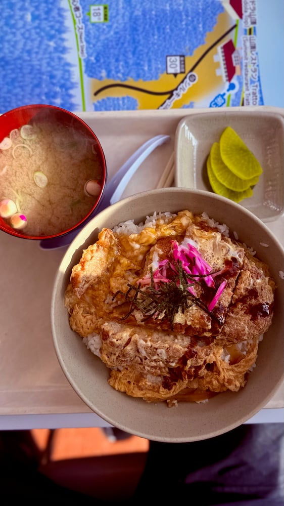 A close-up image of a Japanese fried chicken rice bowl, featuring a large piece of crispy fried chicken on a bed of rice, garnished with pickled ginger and nori seaweed.