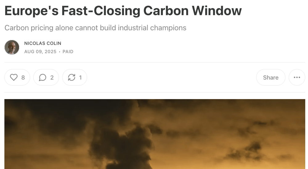 The image shows a dramatic sky with dark clouds and an orange glow, suggesting a fast-closing carbon window for Europe.