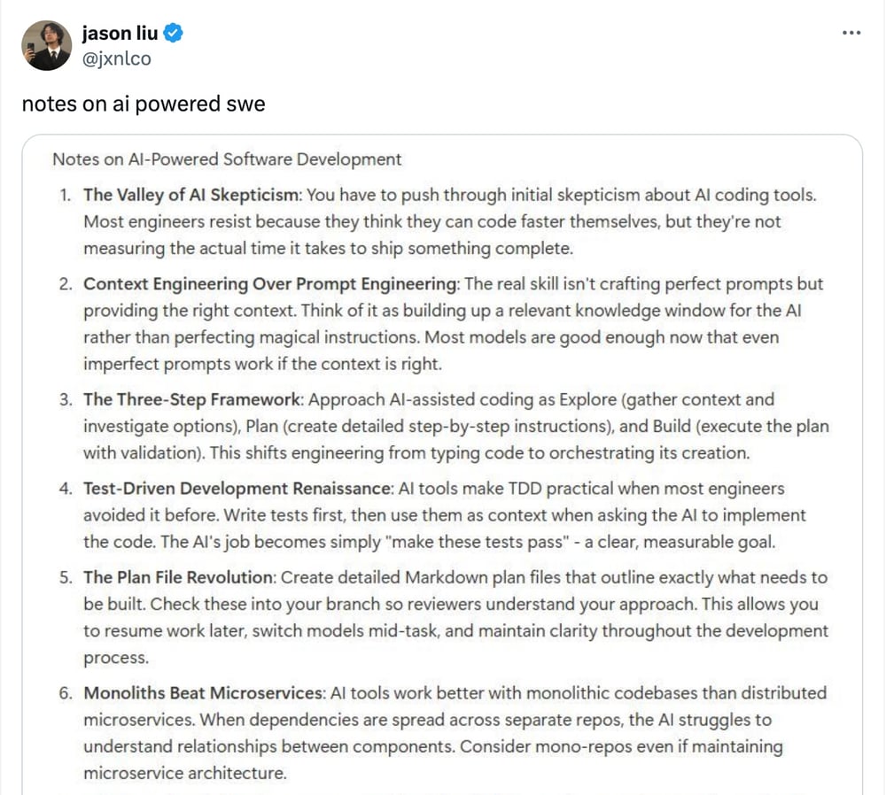 The image shows a series of notes on AI-powered software development, including topics such as the valley of AI skepticism, context engineering over prompt engineering, the three-step framework, test-driven development renaissance, the plan file revolution, and monoliths beating microservices.