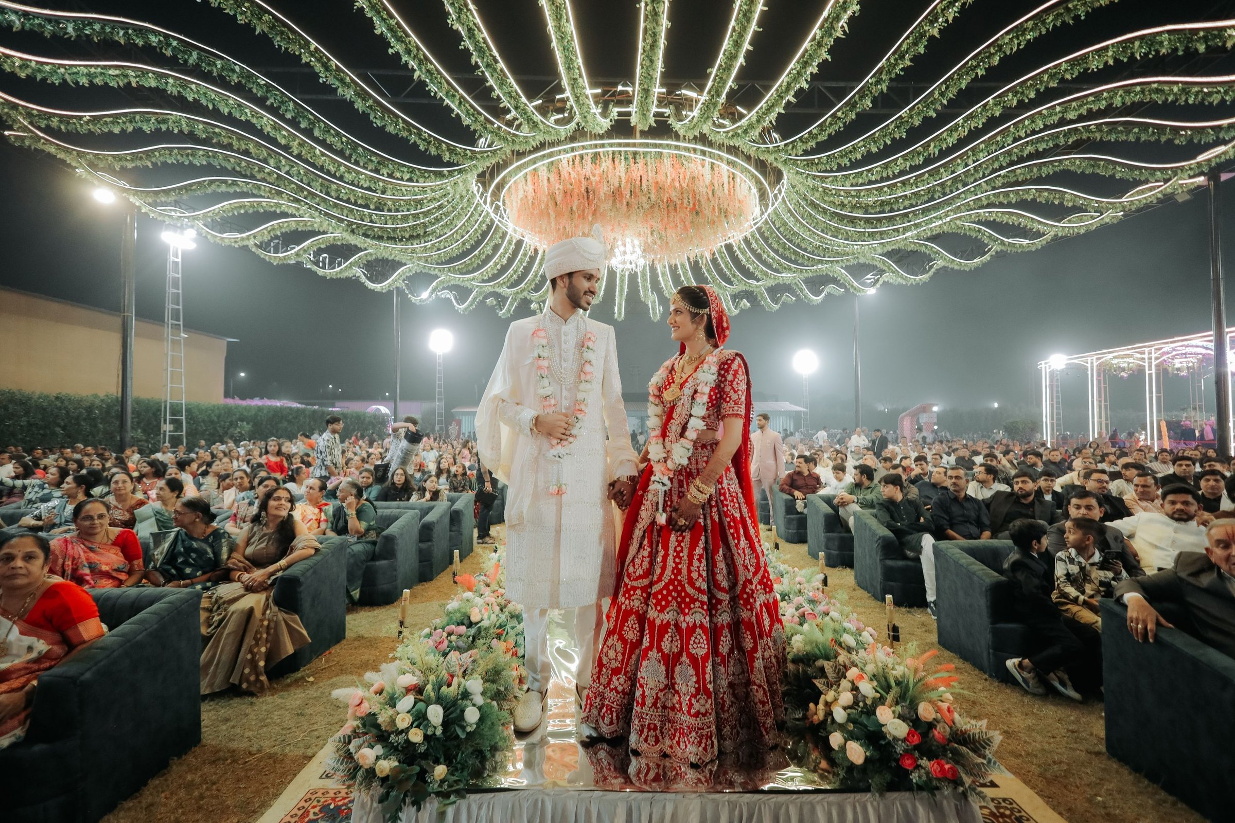 Walking in under the chandelier canopy