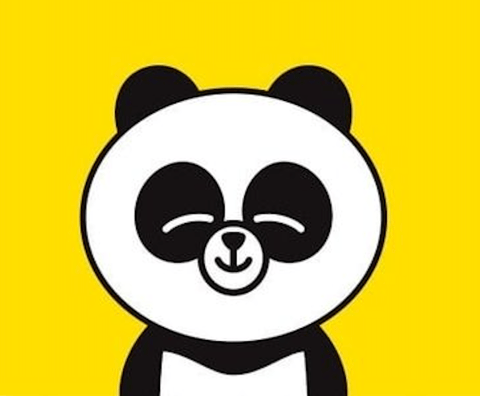 This image features a highly stylized, illustrative art style with a flat, graphic rendering technique, presenting a cartoon panda character against a solid, vibrant yellow background. The color language is defined by a high-contrast, limited palette of pure black, pure white, and a saturated, warm yellow, with no gradients or shading to suggest depth. The lighting approach is completely flat and ambient, with no directional light source, shadows, or highlights, creating a clean, graphic look. Texture and material feel are absent, as the surfaces are rendered as smooth, solid blocks of color with no tactile qualities. The composition is centered and symmetrical, with the panda's head and upper torso filling the frame in a close-up, portrait-style arrangement that emphasizes the character's face. The shape language is predominantly geometric and simplified, using bold, clean outlines with consistent line weight and sharp, defined edges to construct the panda's features. The overall mood and atmosphere are cheerful, friendly, and approachable, conveyed through the character's closed, smiling eyes and the bright, energetic color scheme, resulting in a visually light and playful tone.