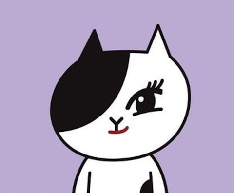 This image is a flat, 2D illustrative style reference featuring a cartoon cat character with a simple, clean aesthetic. The visual aesthetic is defined by bold, uniform black outlines and flat color fills, characteristic of a vector or digital illustration style with no gradients or shading. The color language is minimalist, dominated by a stark black-and-white contrast for the character against a solid, muted lavender-purple background, with a single accent of flat red for the mouth. The lighting approach is entirely flat and ambient, with no directional light source, shadows, or highlights, creating an even, graphic appearance. Texture and material feel are absent, as the surfaces are rendered as smooth, non-tactile planes of solid color. Compositionally, the character is centered in a medium close-up shot against a plain background, with no depth or spatial context. The shape language combines organic, rounded forms for the head and body with sharp, geometric points for the ears and eye details, using consistent line weight throughout. The mood and atmosphere are playful, whimsical, and slightly mischievous, conveyed through the character's exaggerated wink and smirk, with a light, high-energy visual weight due to the high contrast and simple forms.